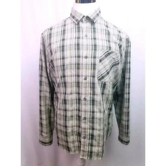 REI Mens‎ Shirt Large  Long Sleeve Button Front Tan Plaid Outdoors Hiking Casual - Picture 1 of 10